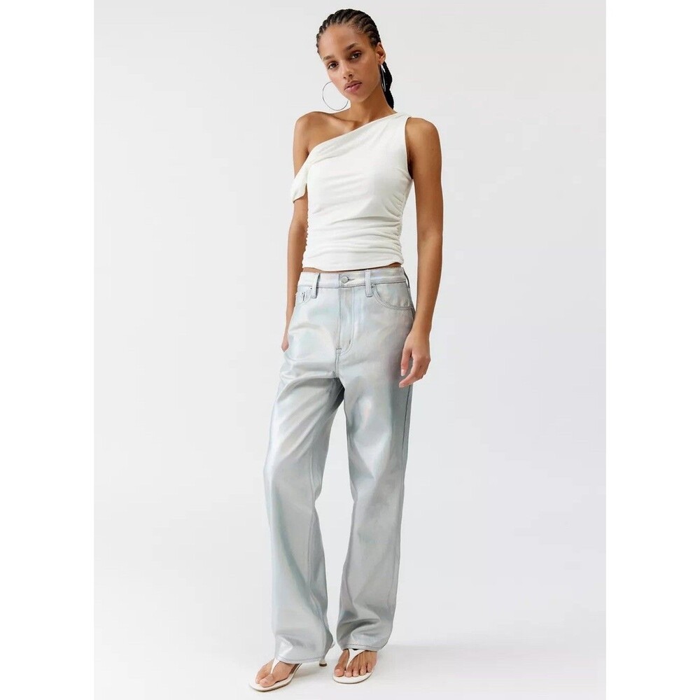 PISTOLA New Cassie High Rise Straight Jeans 32 Metallic Silver Coated Prism Pant